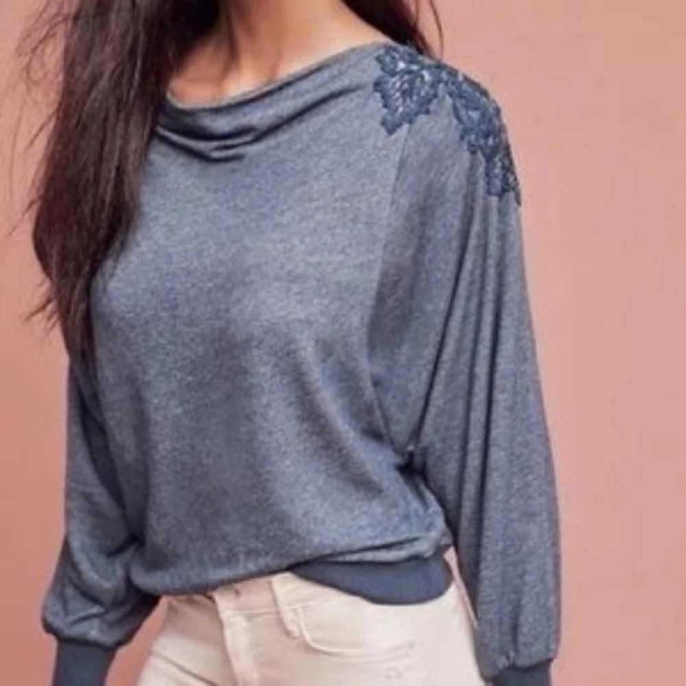 💘 ANTHRO Meadow Rue Bria Teal Lace-Back Sweatshirt - Picture 2 of 8
